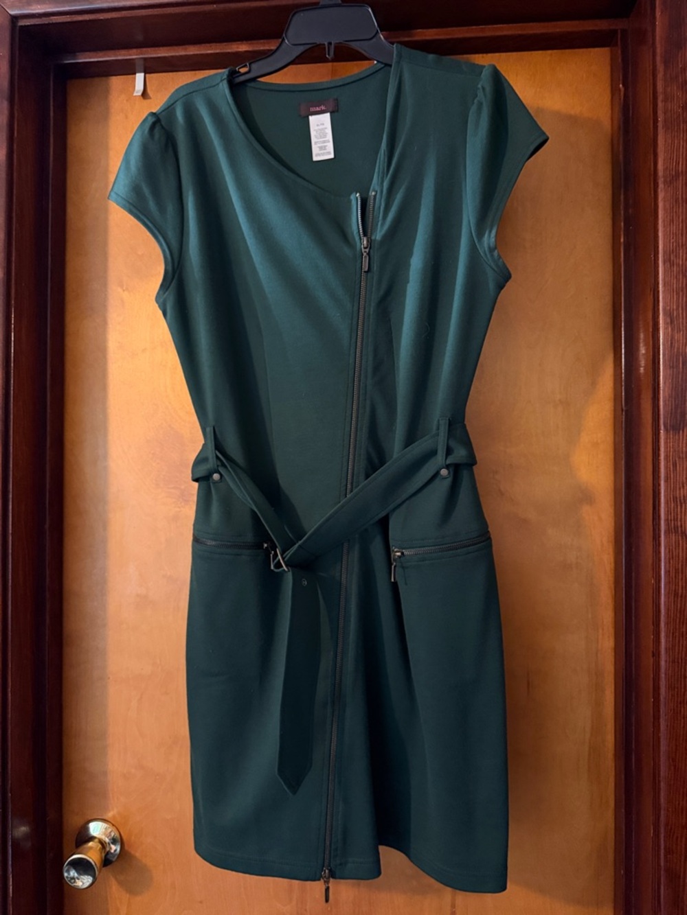Mark Dark Green Dress Asymmetric Zip Front, Useable zip pockets, removable belt